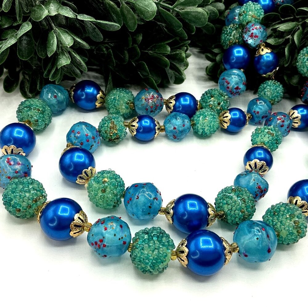 Vintage Hong Kong Double Strand Blue and Green Beaded Necklace With Gold-Tone Ac